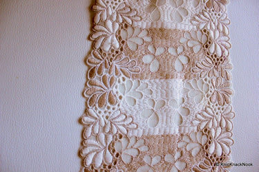 Off White And Light Brown Net Lace Trim With Embroidered Flowers 6 inches wide , Decorative Trim, Upholstery Trim